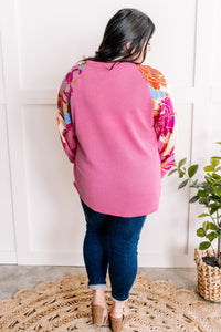 1.31 Waffle Knit Top With Floral Sleeves In Pretty Pink