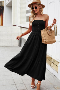 Strapless Buttoned Tiered Dress with Pockets
