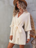 Belted Surplice Lantern Sleeve Wrap Sweater Dress